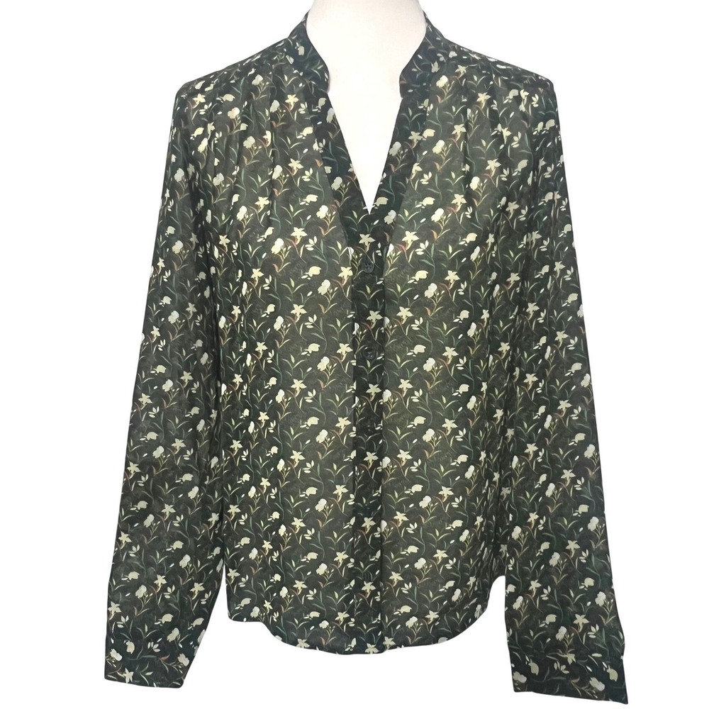 Cabi Womens Spring Floral Sheer Airy Button Down Blouse Dark Green L/S Small